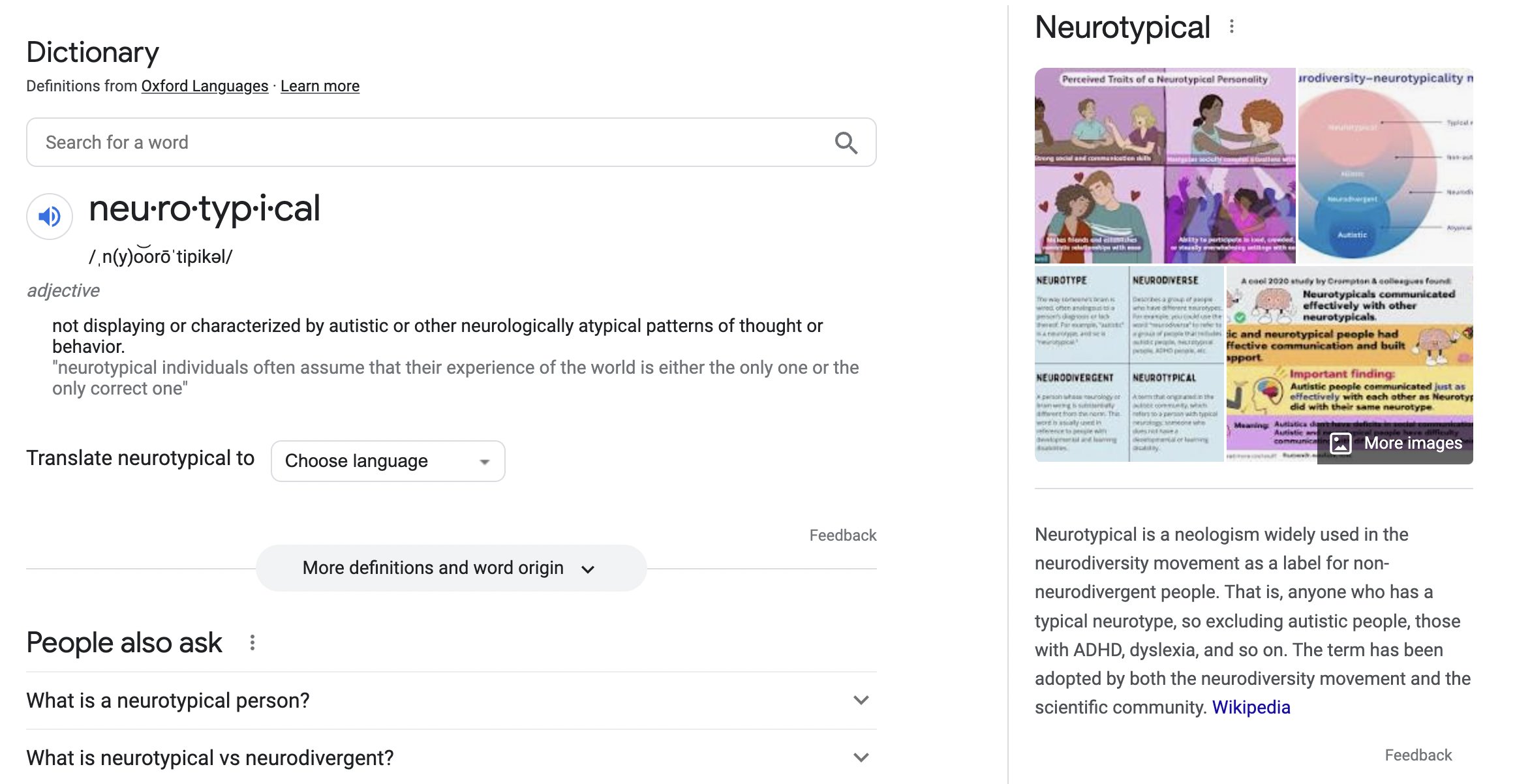 The first definition of "neurotypical" in Google search results.