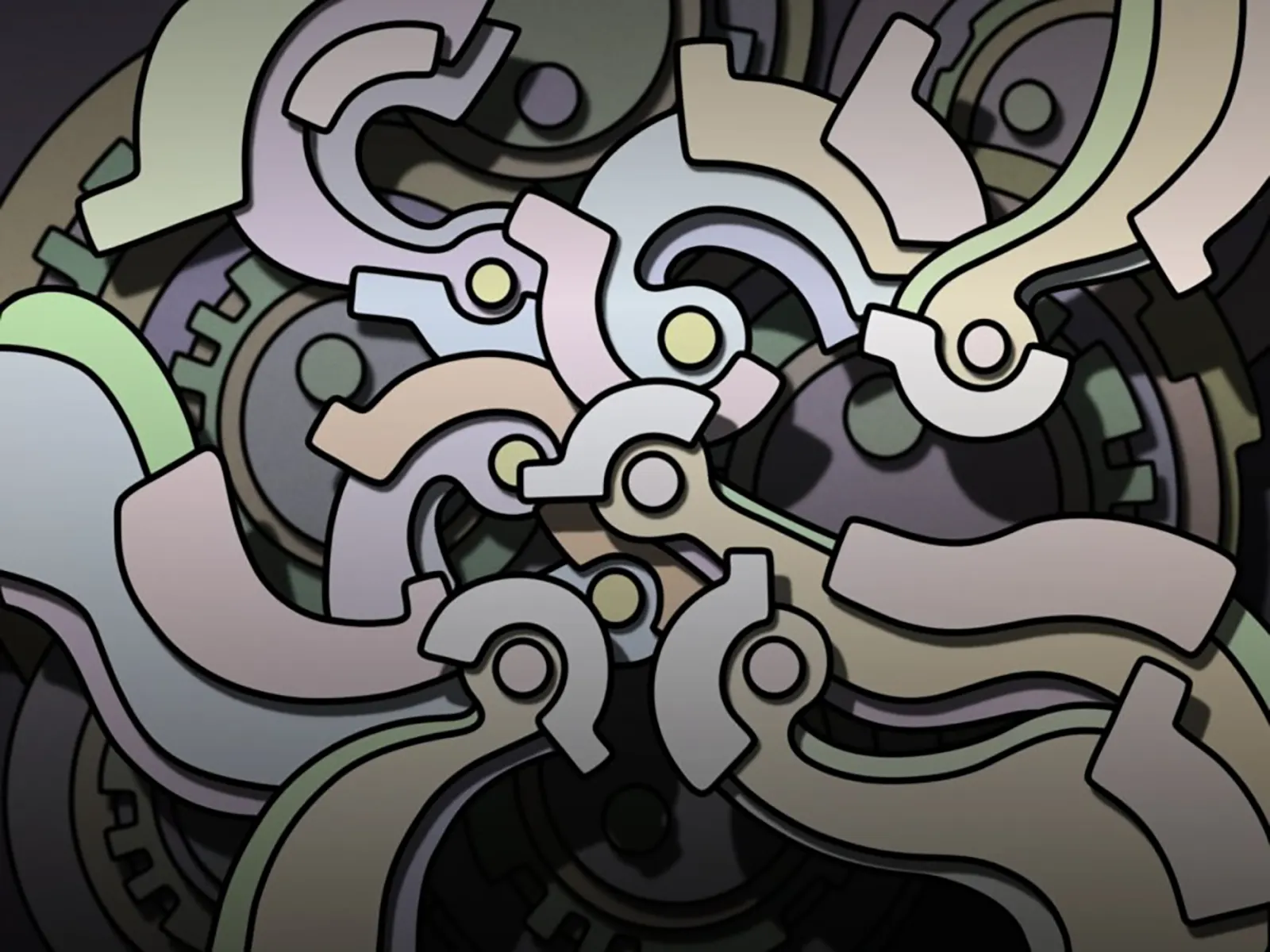 An intricate, iridescent arrangement of interlocking organic and mechanical forms.